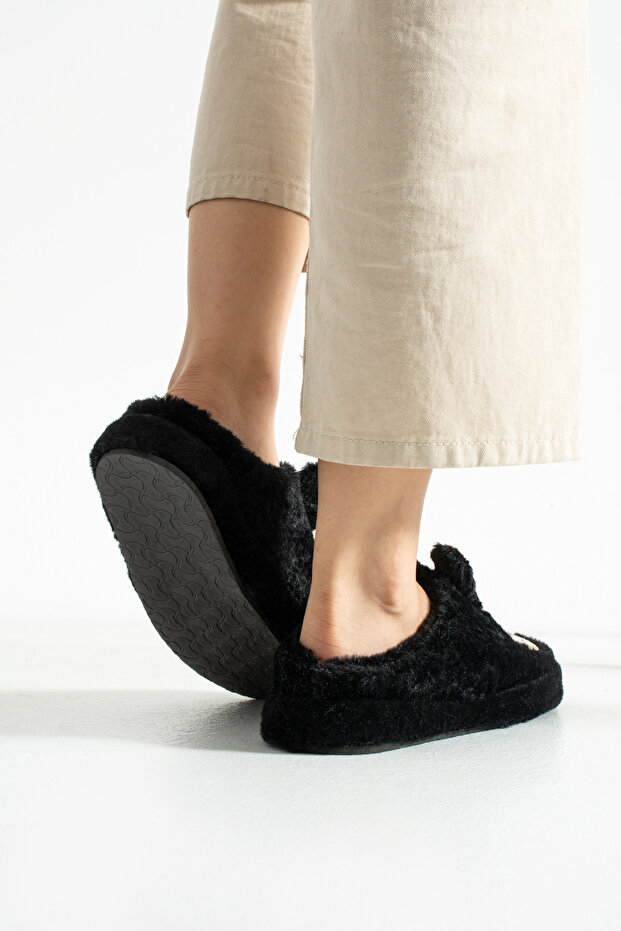 Siyah Peluş Oyuncaklı Kışlık Kadın Terlik - 4