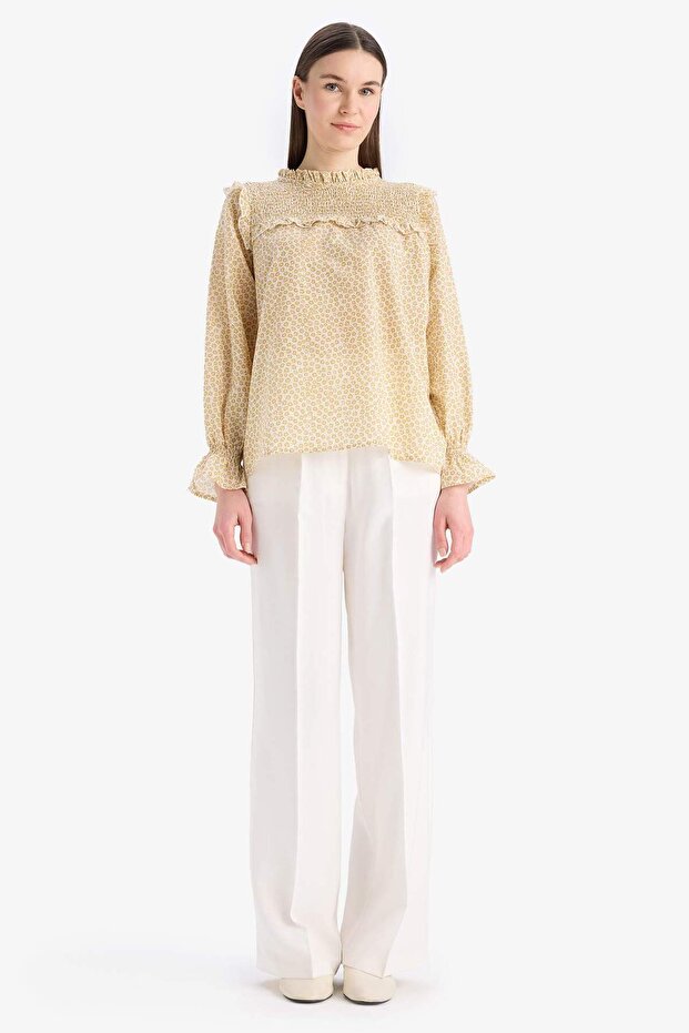 Regular Fit Desenli Fırfır Yaka Vual Uzun Kollu Tesettür Bluz Tunik E7966AX25SM - 2