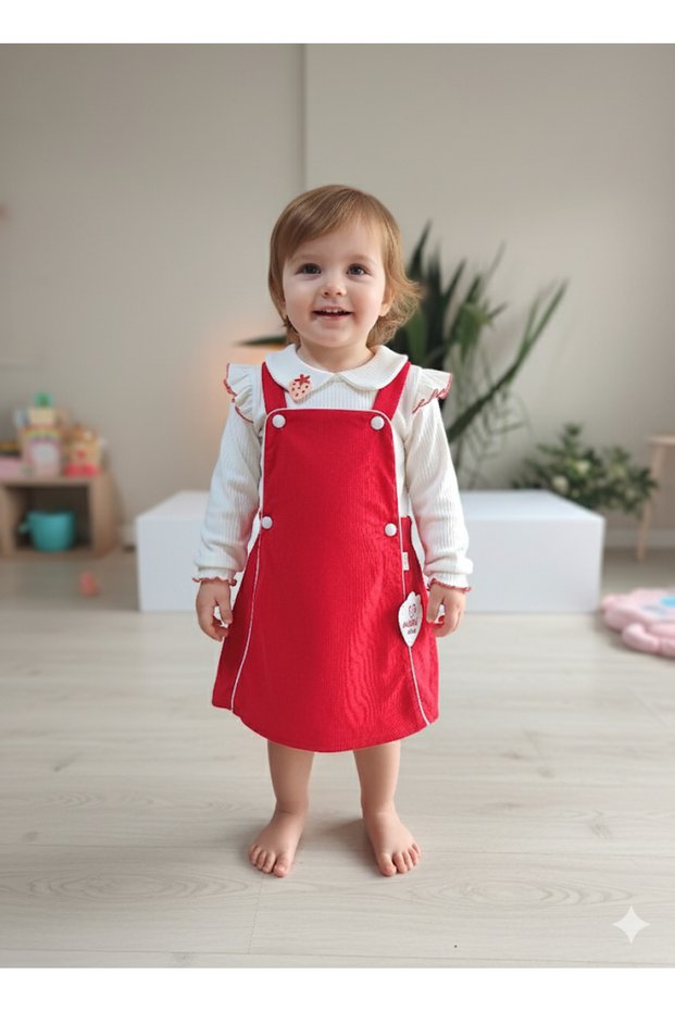 Eid Strawberry Embroidered B Peter Pan collar Ruffled Girls' Salopet Set Jile Red F Corded Fabric K Velvet Winter