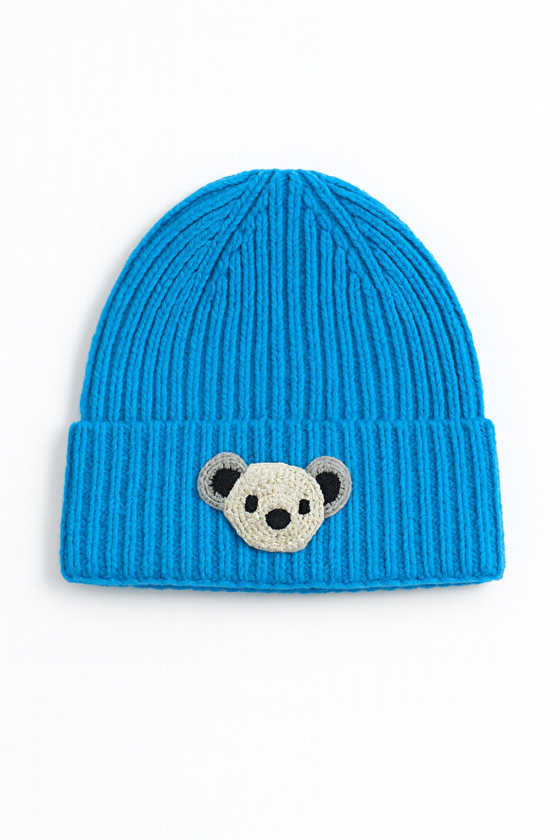 Blue Wool Children's Beanie with Koala Animal Figure and Punch Detail - Christmas Gift