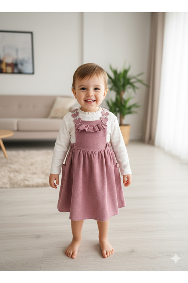 Eid Strawberry Embroidered B Peter Pan collar Ruffled Girls' Salopet Set Jile Plum F Corded Fabric K Velvet Winter