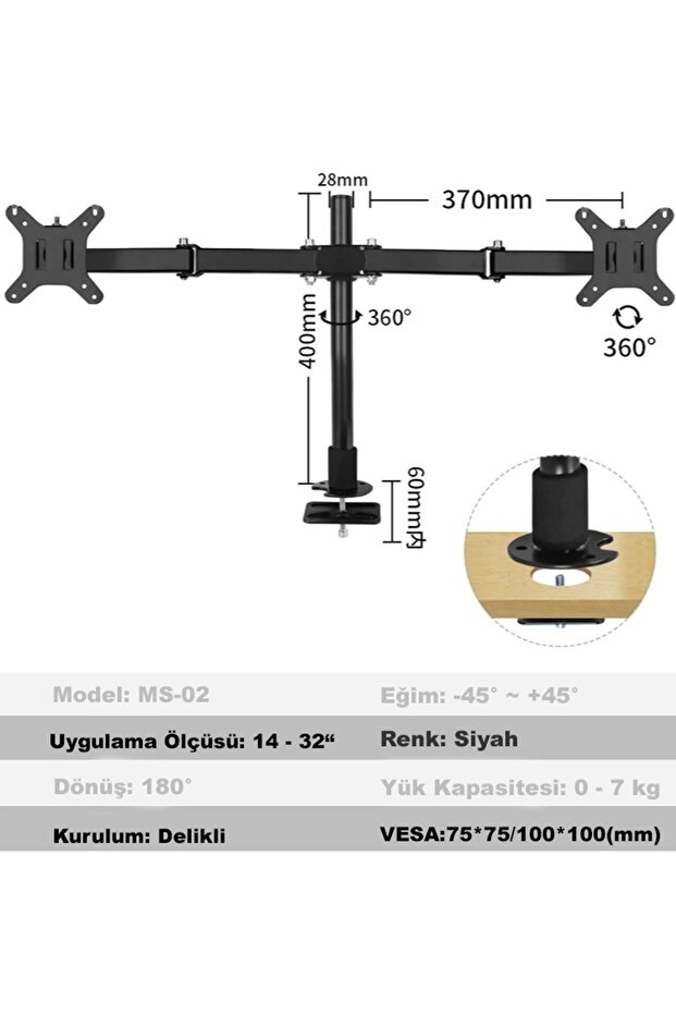 Masaüstü Ayarlanabilir 14-32” Çift Kol Monitör Tutucu - 3