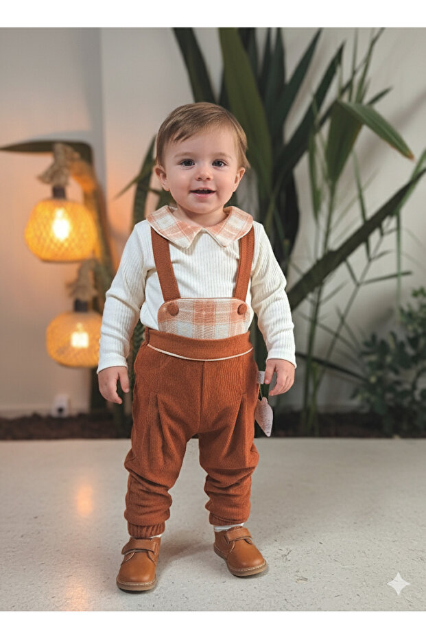Eid Holiday Plaid Peter Pan collar Checked Suspender Salopet Suit Corded Fabric Velvet Overalls