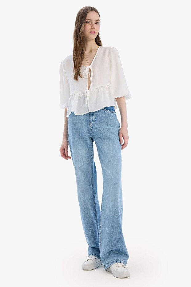 Regular Fit V Yaka Modal Önden Bağlamalı Uzun Kollu Bluz D4435AX25SP - 2