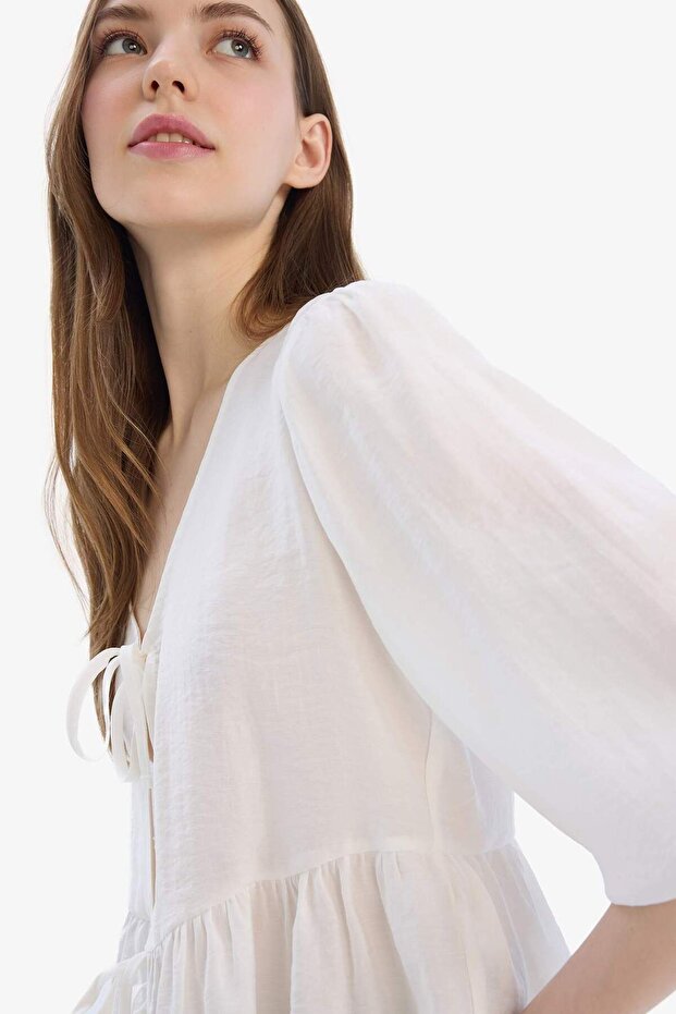 Regular Fit V Yaka Modal Önden Bağlamalı Uzun Kollu Bluz D4435AX25SP - 5