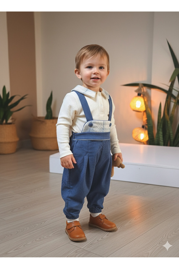 Eid Holiday Plaid Peter Pan collar Checked Suspender Salopet Suit Corded Fabric Velvet Overalls