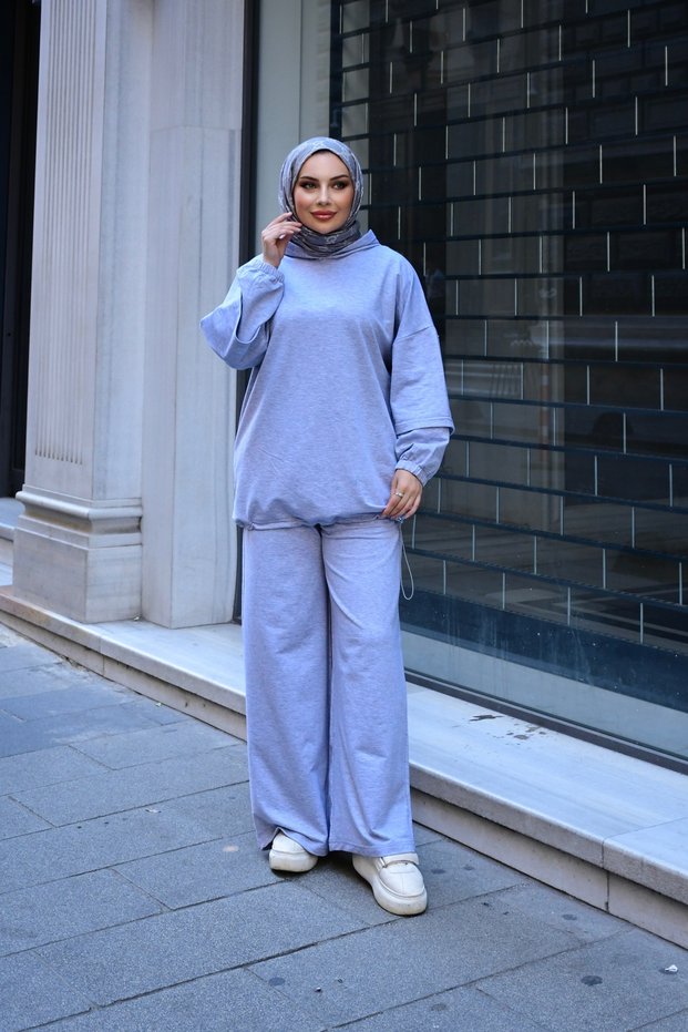Women's Gray 100% Cotton Hooded Top and Bottom Set |   Oversize Comfortable Fit |   Suitable for 4 Seasons