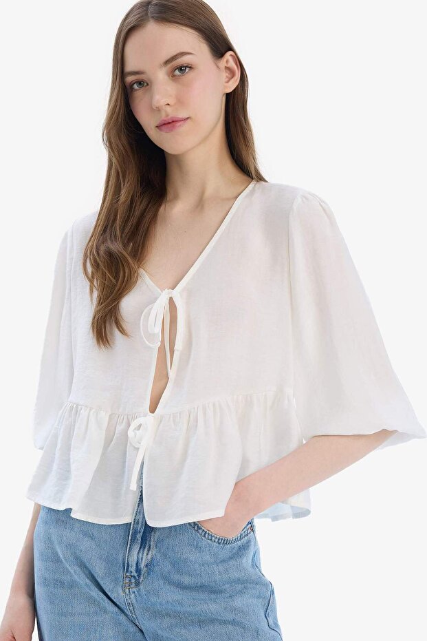 Regular Fit V Yaka Modal Önden Bağlamalı Uzun Kollu Bluz D4435AX25SP - 1