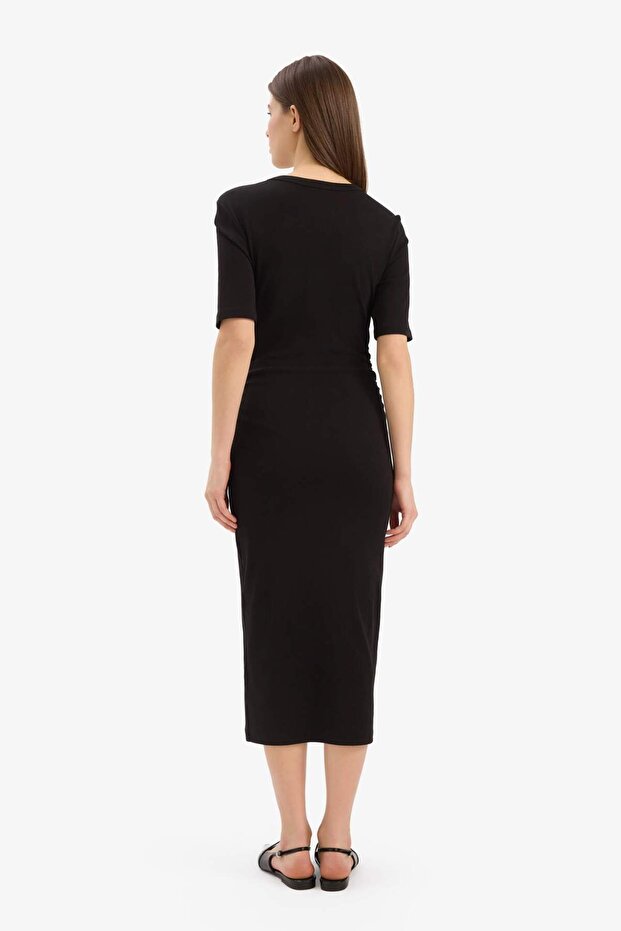 Bodycon Vücudu Saran Bisiklet Yaka Basic Düz Ribana Kısa Kollu Midi Elbise E6003AX25SP - 8