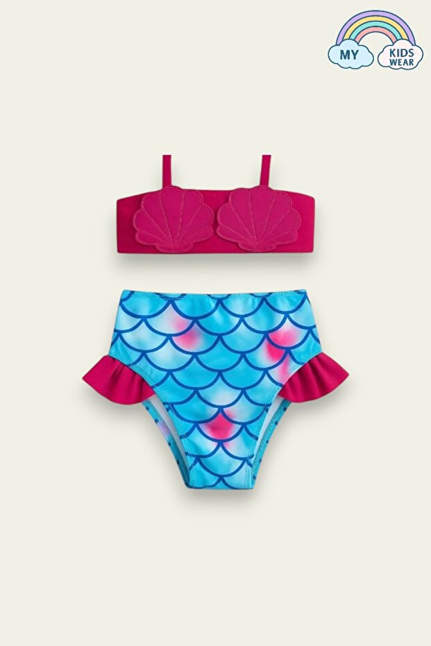 New Season Shell Figured Fish Scale Patterned Ruffled Girl's Bikini Set