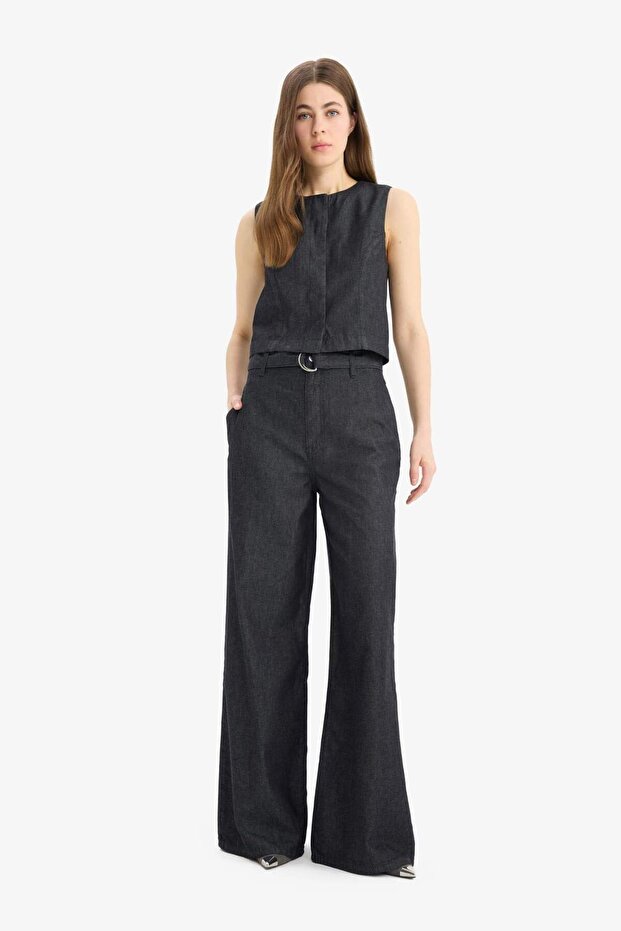 100% Cotton Wide Leg High Waist Long Jean Trousers E5794Ax25Sp