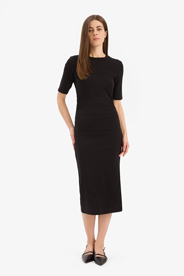 Bodycon Vücudu Saran Bisiklet Yaka Basic Düz Ribana Kısa Kollu Midi Elbise E6003AX25SP - 2