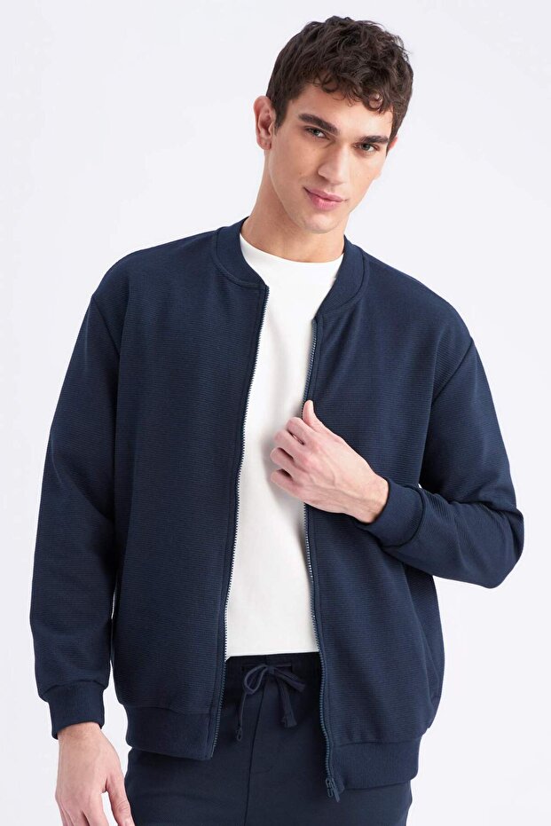 Relax Fit College Collar Textured Bomber Cardigan D7930Ax25Sp