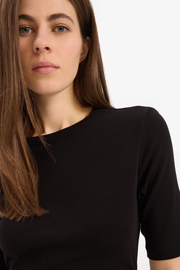 Bodycon Vücudu Saran Bisiklet Yaka Basic Düz Ribana Kısa Kollu Midi Elbise E6003AX25SP - 6