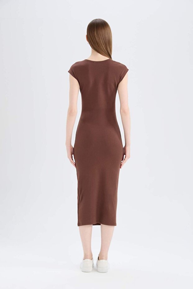 Bodycon Vücudu Saran Bisiklet Yaka Ribana Kısa Kollu Midi Elbise D5220AX25SP - 6