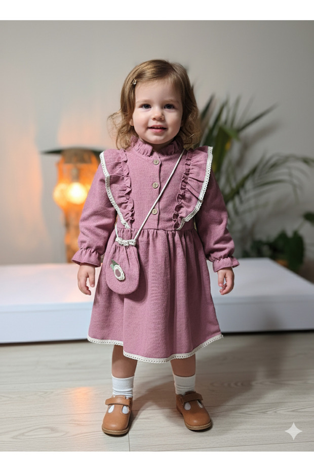 Eid Long Sleeve Lace Detailed Vintage Corded Fabric Velvet Bag Piece Girls' Dress