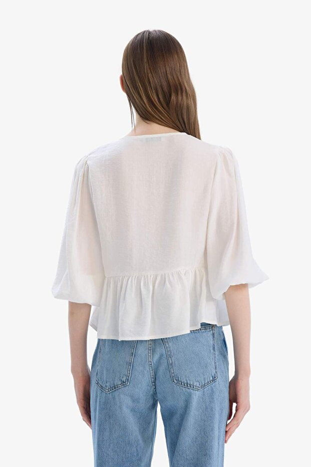 Regular Fit V Yaka Modal Önden Bağlamalı Uzun Kollu Bluz D4435AX25SP - 6