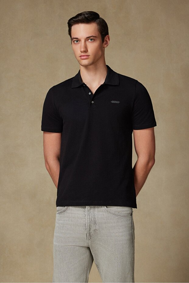Royal Pike Pamuklu Comfort Fit Siyah Polo Yaka Erkek Düz Polo Shirt - 1