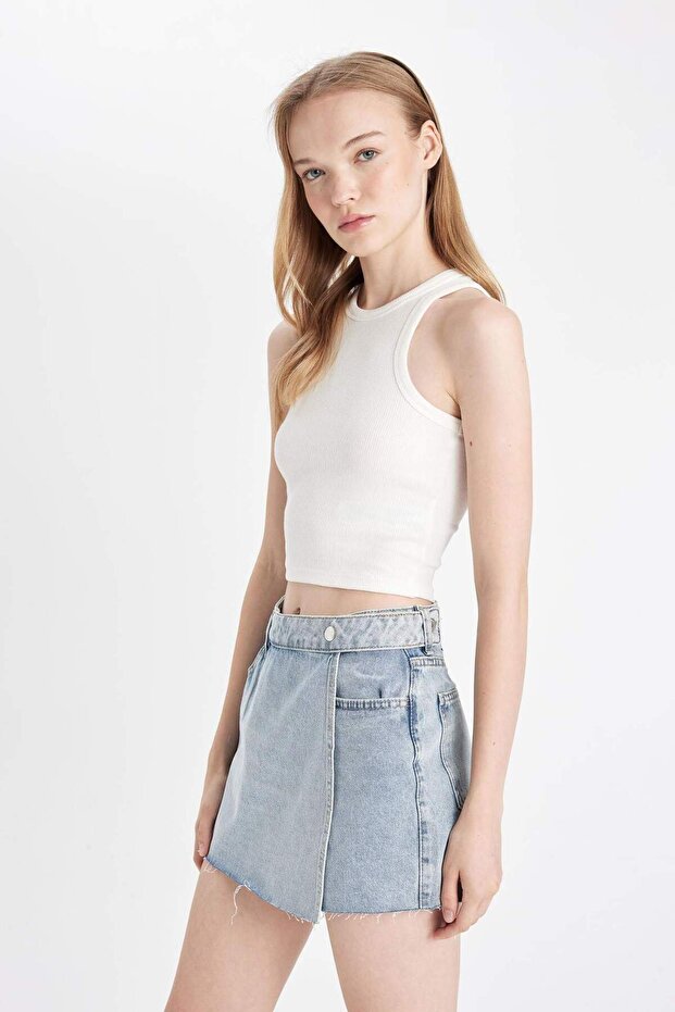 Yüksek Bel Kesik Uçlu Paça Jean Şort Etek D4587AX24HS - 4