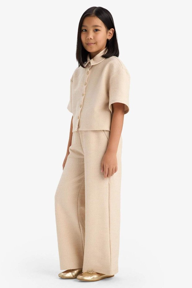 Wide Leg Beige Cotton Elastic Waist Wrinkled Textured Pants for Girls E1103A825Sp