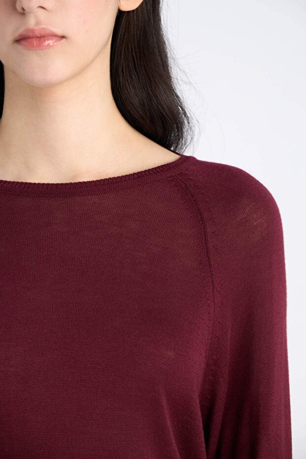 Regular Fit Bisiklet Yaka Basic Düz Bordo Triko Kazak D6281AX25SP - 5