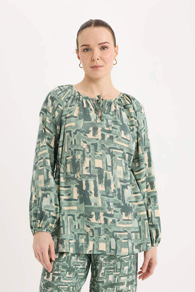 Regular Fit Drawstring Neckline Pattern Long Sleeve Blouse E6860Ax25Sp - 4