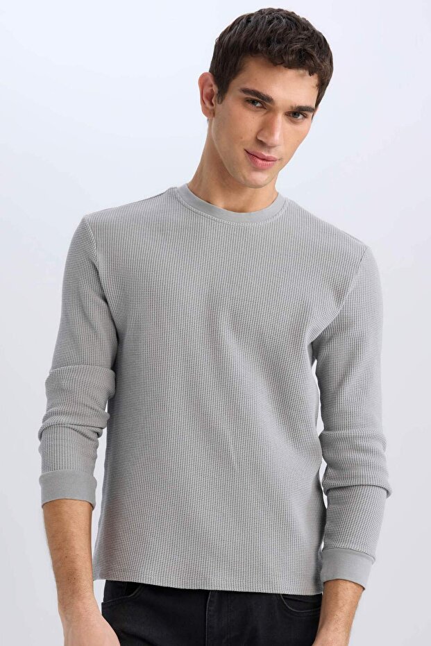 Regular Fit Bisiklet Yaka Uzun Kollu Waffle Tişört D7504AX25SP - 1