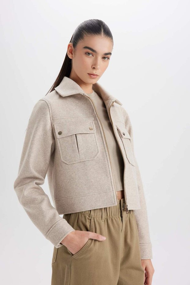 Regular Fit Polo Collar Pocket Zippered Short Cashmere Coat D5767Ax25Sp