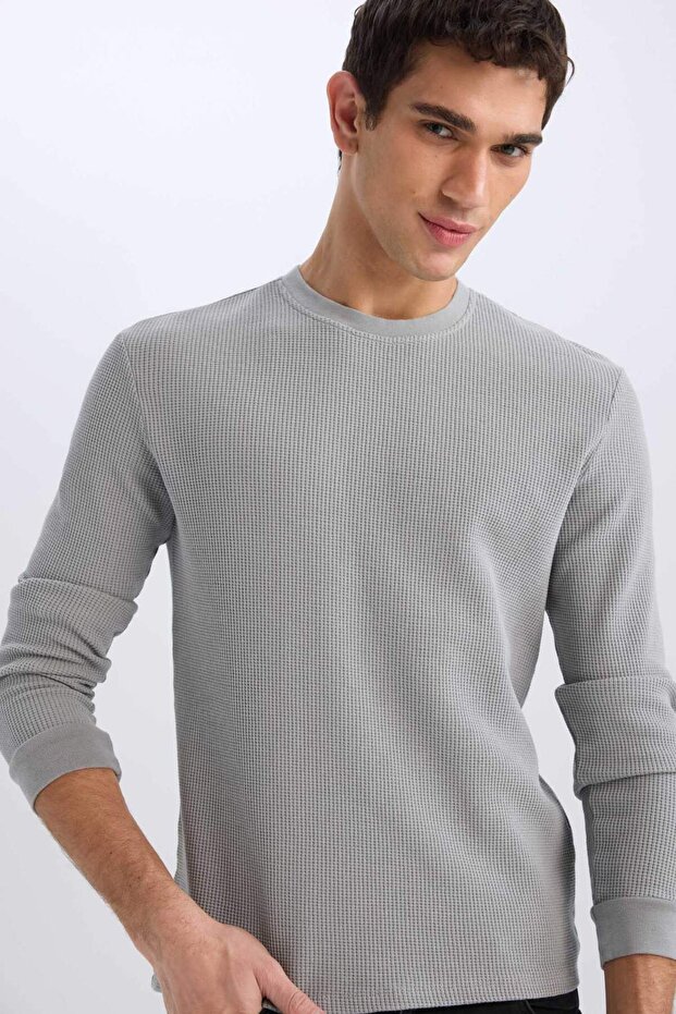 Regular Fit Bisiklet Yaka Uzun Kollu Waffle Tişört D7504AX25SP - 4