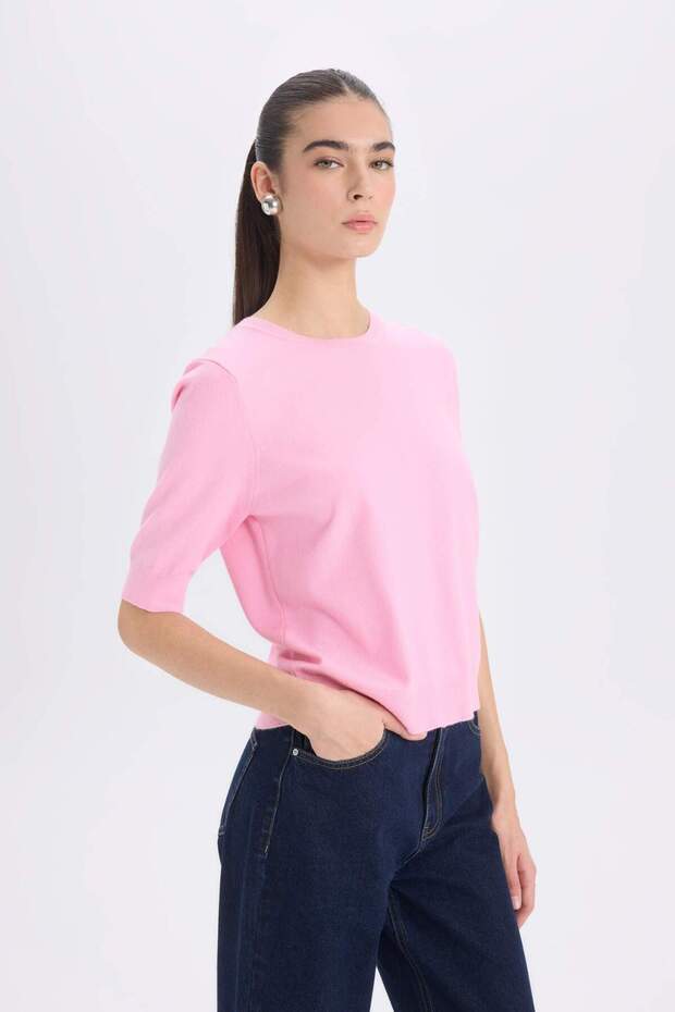 Regular Fit Bisiklet Yaka Basic Düz Kısa Kollu Triko Kazak D6272AX25SM - 4