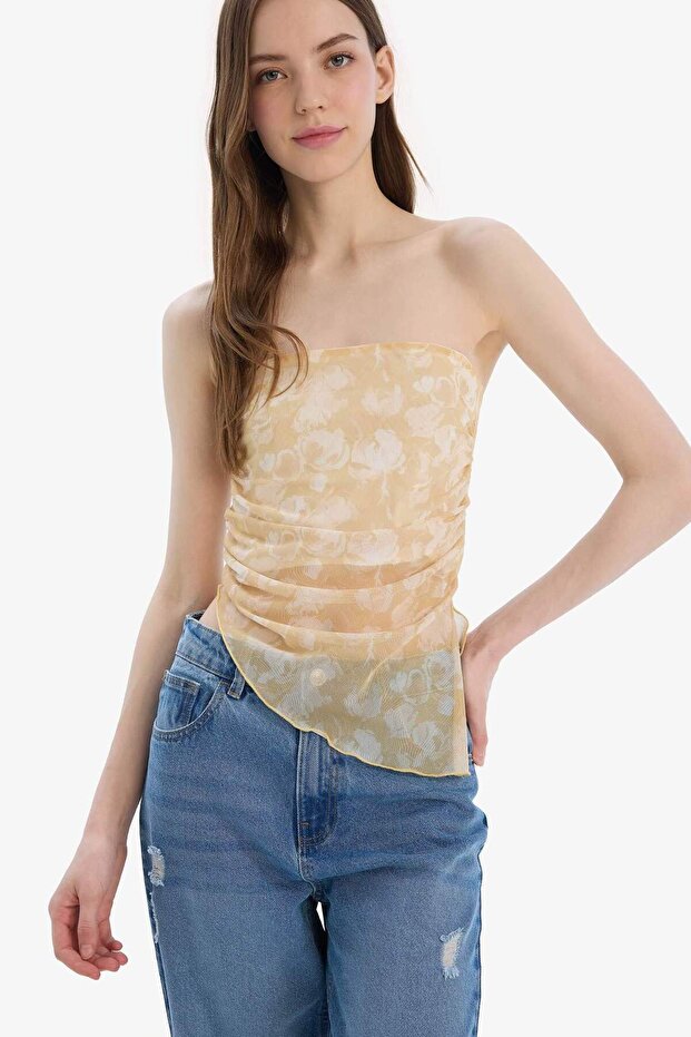 Fitted Desenli Straplez Tül Bluz E7592AX25SP - 6