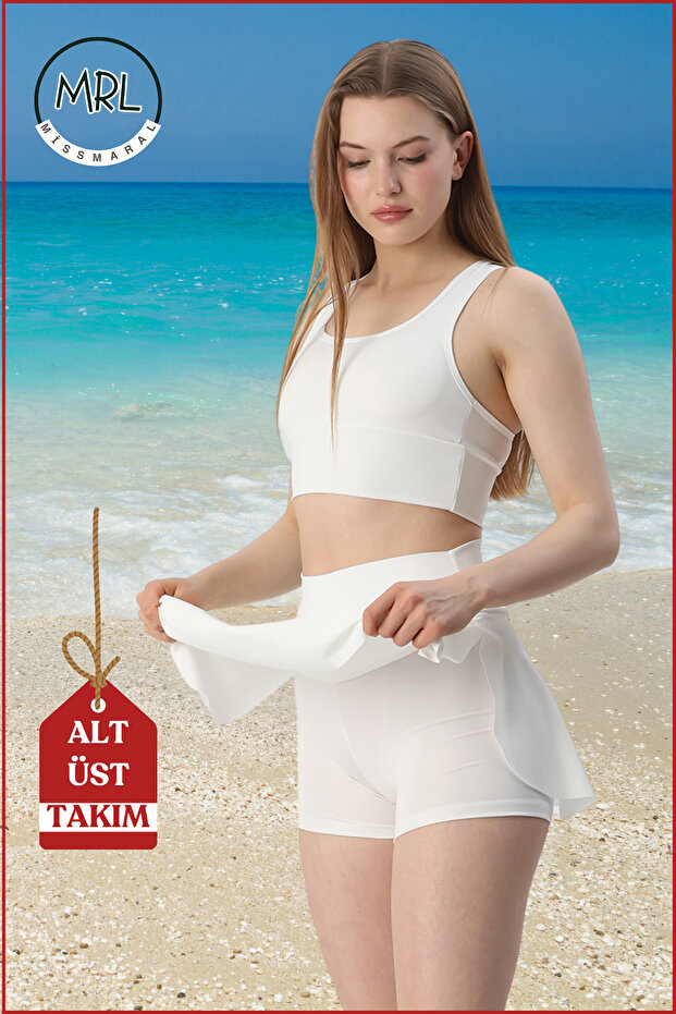 Kadın Alt-Üst Takım Şort & Crop Denizde Havuzda Sporda casual/ günlük Kullanım Ekru TK3107 - 6