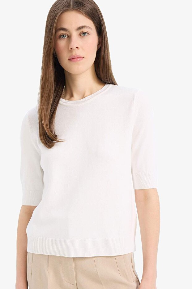 Regular Fit Bisiklet Yaka Basic Düz Kısa Kollu Triko Kazak D6272AX25SM - 1