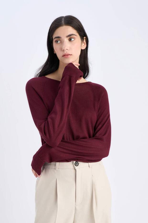 Regular Fit Bisiklet Yaka Basic Düz Bordo Triko Kazak D6281AX25SP - 4