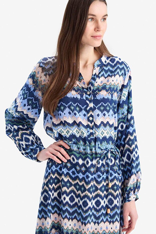 Regular Fit Desenli Bisiklet Yaka Uzun Kollu Midi Elbise D5447AX25SP - 6