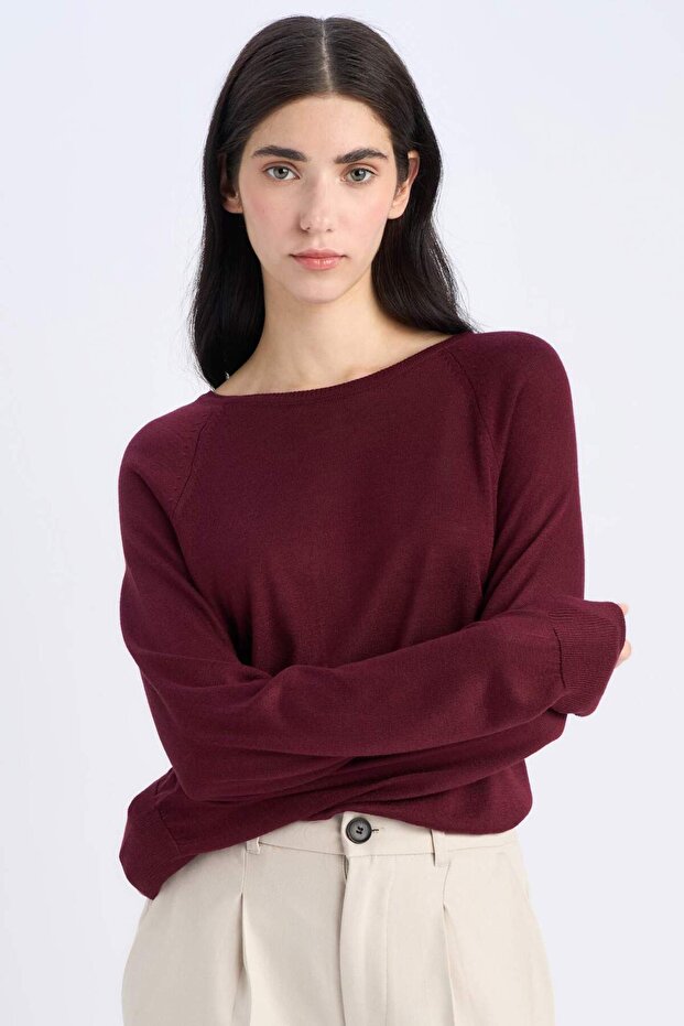 Regular Fit Bisiklet Yaka Basic Düz Bordo Triko Kazak D6281AX25SP - 1