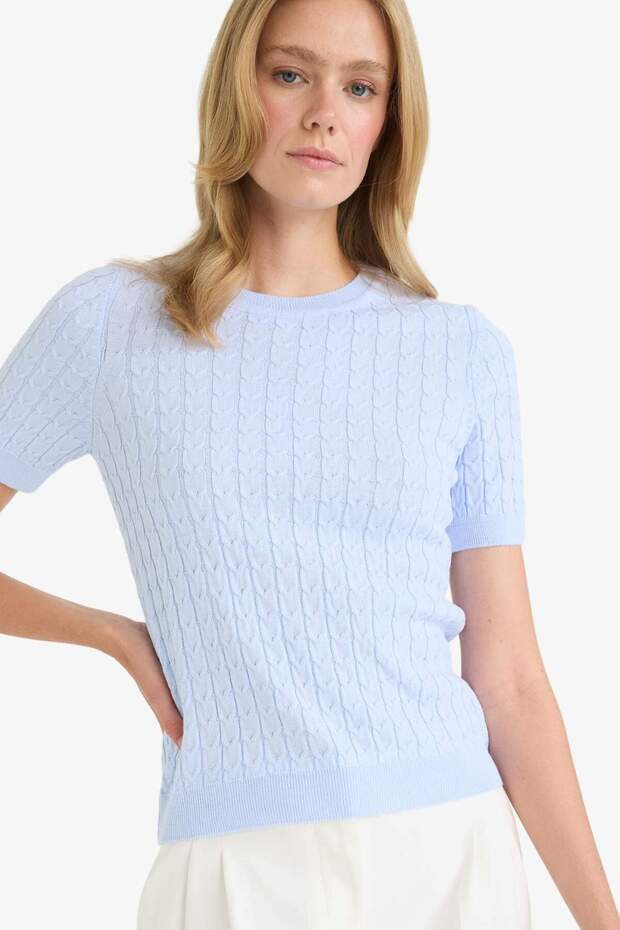 Regular Fit Bisiklet Yaka Basic Düz Triko Kısa Kollu Kazak D3306AX25SM - 1