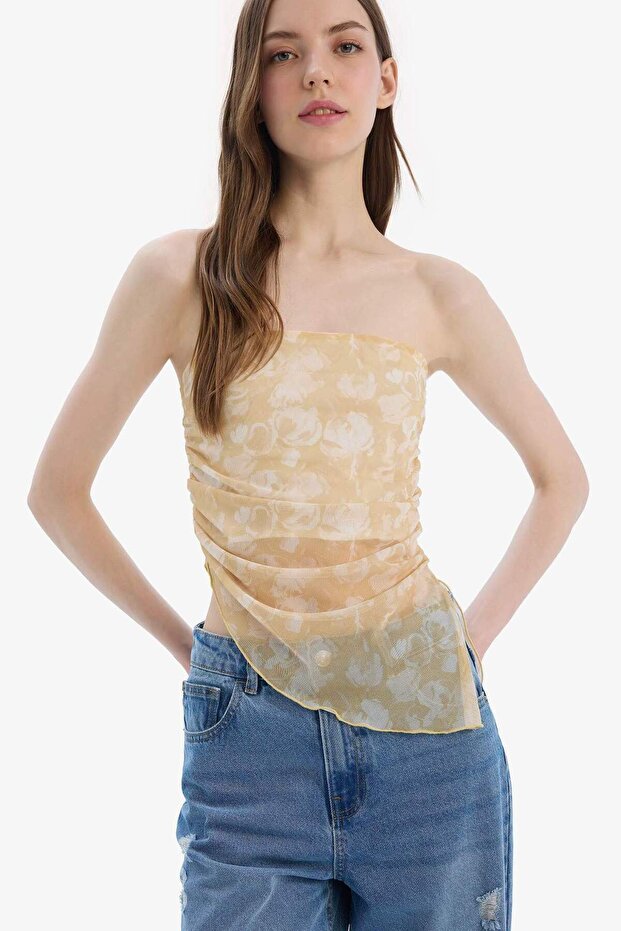 Fitted Desenli Straplez Tül Bluz E7592AX25SP - 5