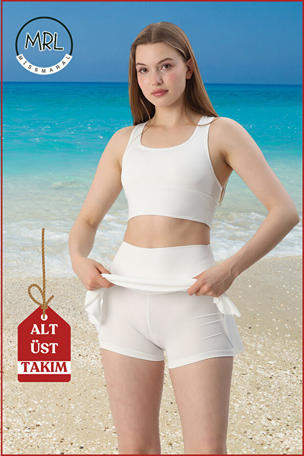 Kadın Alt-Üst Takım Şort & Crop Denizde Havuzda Sporda casual/ günlük Kullanım Ekru TK3107 - 5