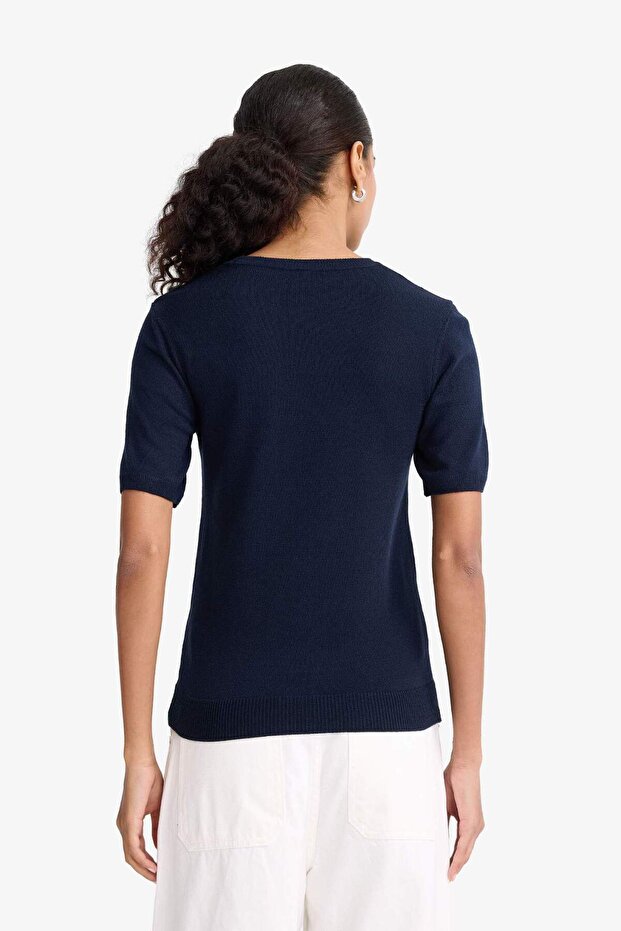 Regular Fit Basic Düz Bisiklet Yaka Kısa Kollu Triko Kazak E6810AX25SP - 4