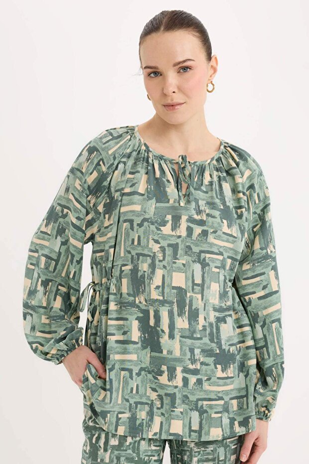 Regular Fit Drawstring Neckline Pattern Long Sleeve Blouse E6860Ax25Sp - 1