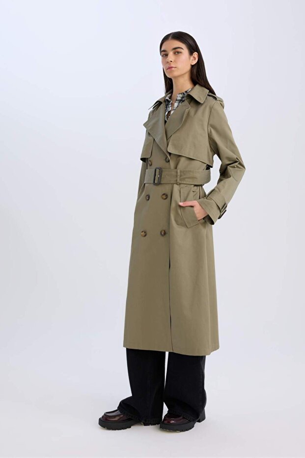 Long Trench Coat Double Breasted Collar Buttoned Pockets Belted Epaulettes D5755Ax25Sp