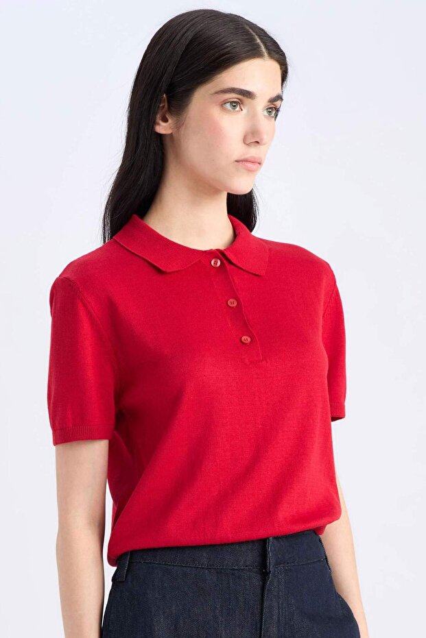 Regular Fit Polo Collar Basic Plain Short Sleeve Red Knit Sweater E3670Ax25Sm