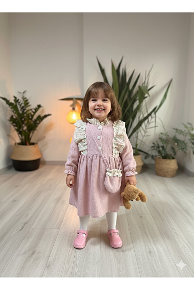 Eid Authentic Patterned Ruffled Powder Pink Baby Dress (Pack of Bag Pieces)