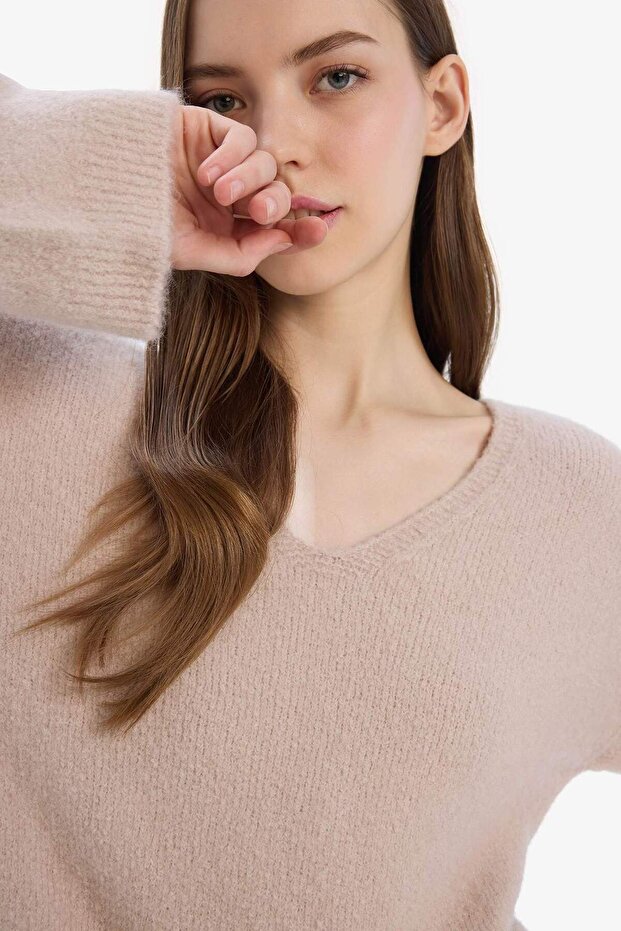 Regular Fit V Yaka Basic Düz Dikişsiz Triko Kazak E9170AX25SP - 8