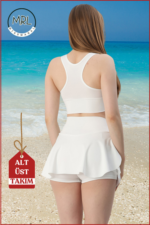 Kadın Alt-Üst Takım Şort & Crop Denizde Havuzda Sporda casual/ günlük Kullanım Ekru TK3107 - 7