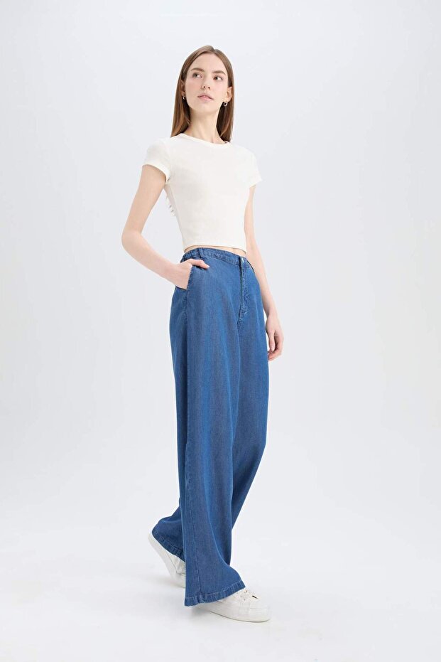 Pull On Wide Leg Yüksek Bel Uzun Yıkamalı Pantolon D8239AX25SM - 1