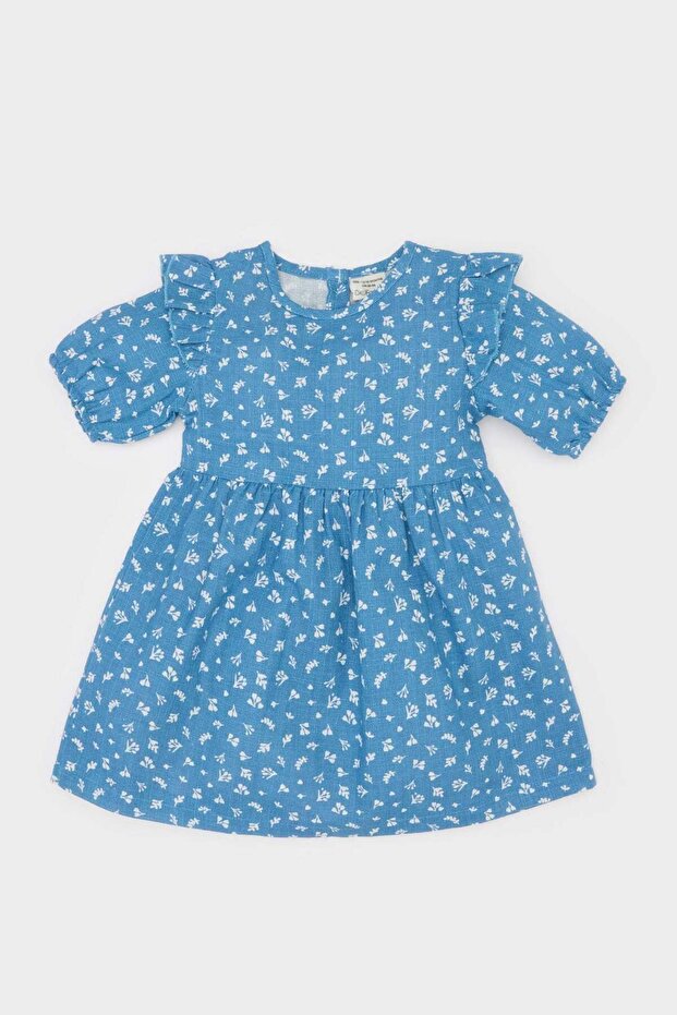 Kız Bebek Desenli Kısa Kollu Flamlı Poplin Elbise E5809A525SP - 1