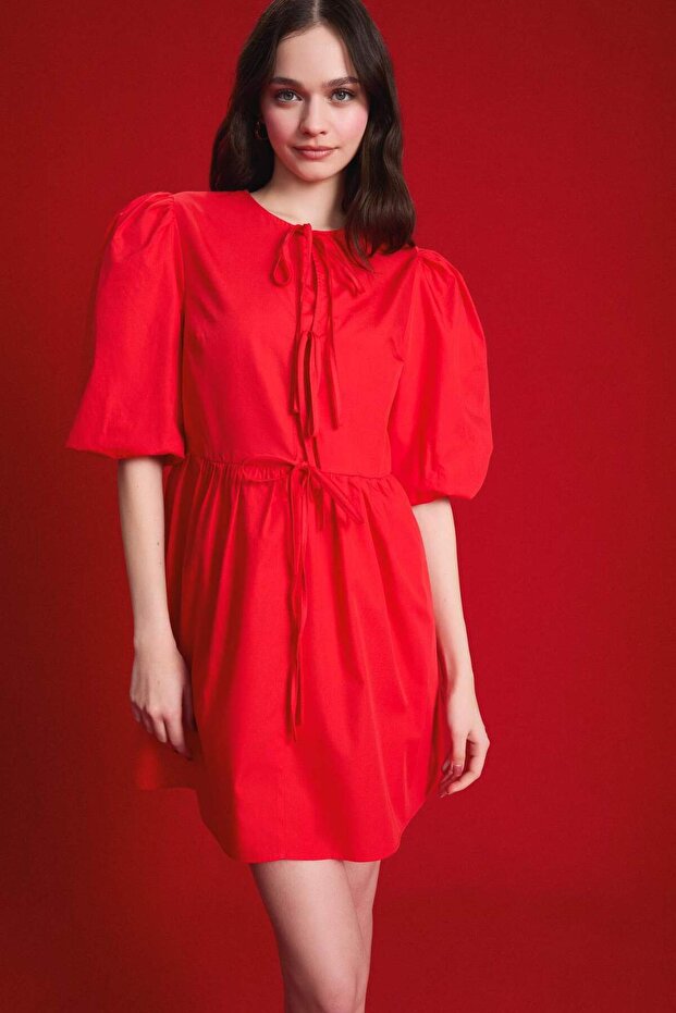 A Kesim Bisiklet Yaka Bağcıklı Poplin Kısa Kollu Midi Abiye Elbise E7332AX25SP - 4