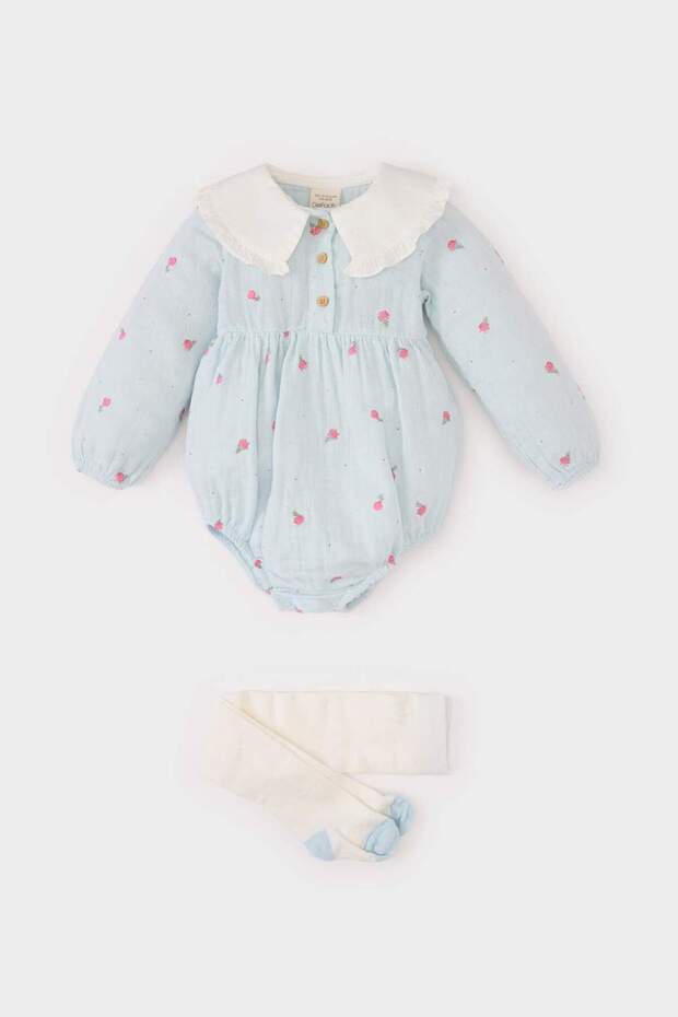 طقم مكون من قطعتين للفتيات حديثي الولادة من الموسلين بأكمام طويلة وجوارب طويلة D9091A525SP - 2